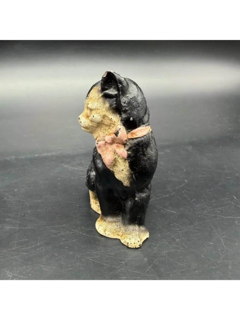 Hubley Cast Iron Cat Figurine Paperweight Vintage Decor Black White Pink Bow